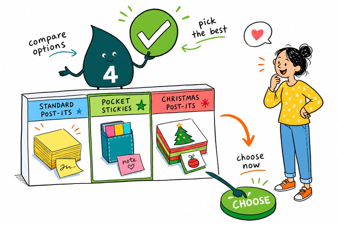 Wally compares Post Its options side by side at 4OVER4.COM