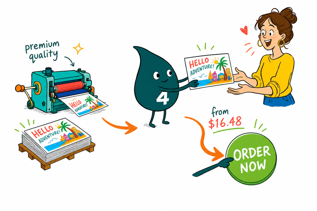 Wally the 4OVER4 mascot dropping a full-color postcard, priced at $16.48 for 50, into a mailbox, teal hand-drawn line art.