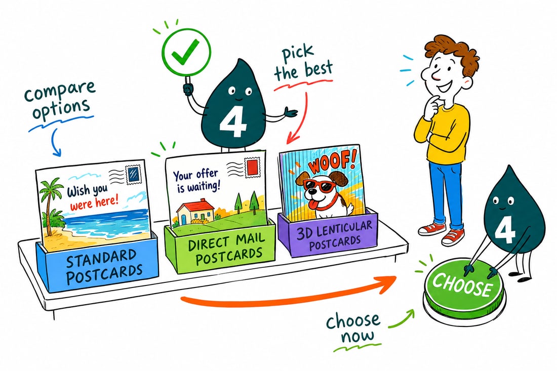 Wally compares Postcards options side by side at 4OVER4.COM