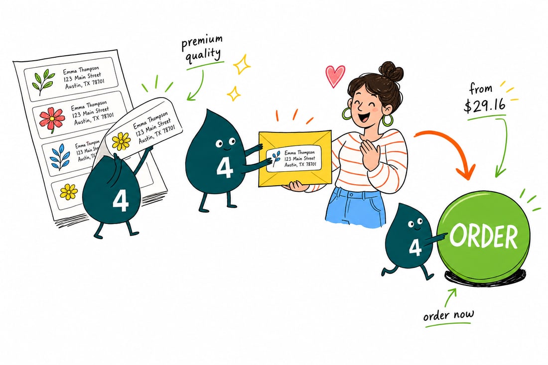 Wally the 4OVER4 mascot pressing a printed premium address label, priced from $29.16 for 25, onto a mailing envelope, teal hand-drawn line art.