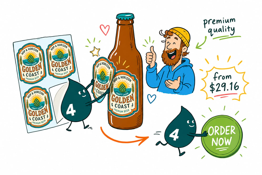 Wally the 4OVER4 mascot smoothing a full-color premium beer label onto a frosty bottle pulled from an ice bucket, teal hand-drawn line art.