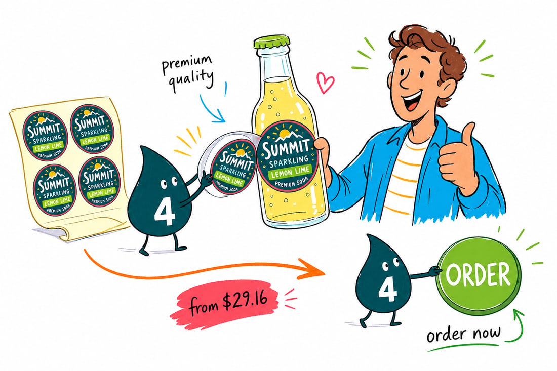 Wally the 4OVER4 mascot smoothing a full-color premium beverage label onto a chilled glass bottle, priced from $29.16, teal hand-drawn line art.