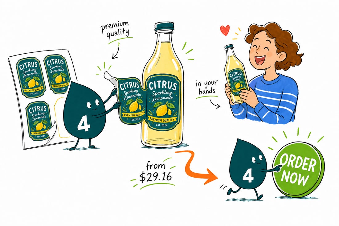 Wally the 4OVER4 mascot smoothing a printed premium bottle label onto a glass bottle, priced from $29.16, teal hand-drawn line art.