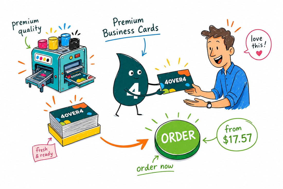 Wally the 4OVER4 mascot handing a thick, glossy premium business card, priced at $17.57 for 100, across a counter to a happy customer, teal hand-drawn line art.