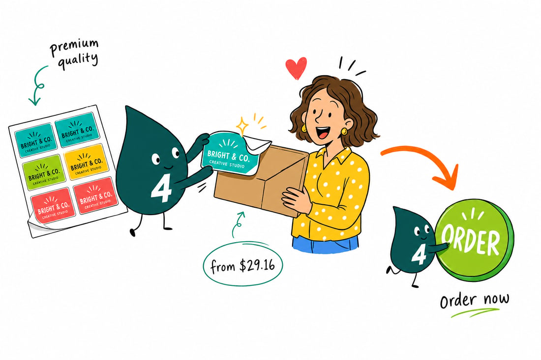 Wally the 4OVER4 mascot pressing a printed premium business label, priced from $29.16 for 25, onto a product box, teal hand-drawn line art.
