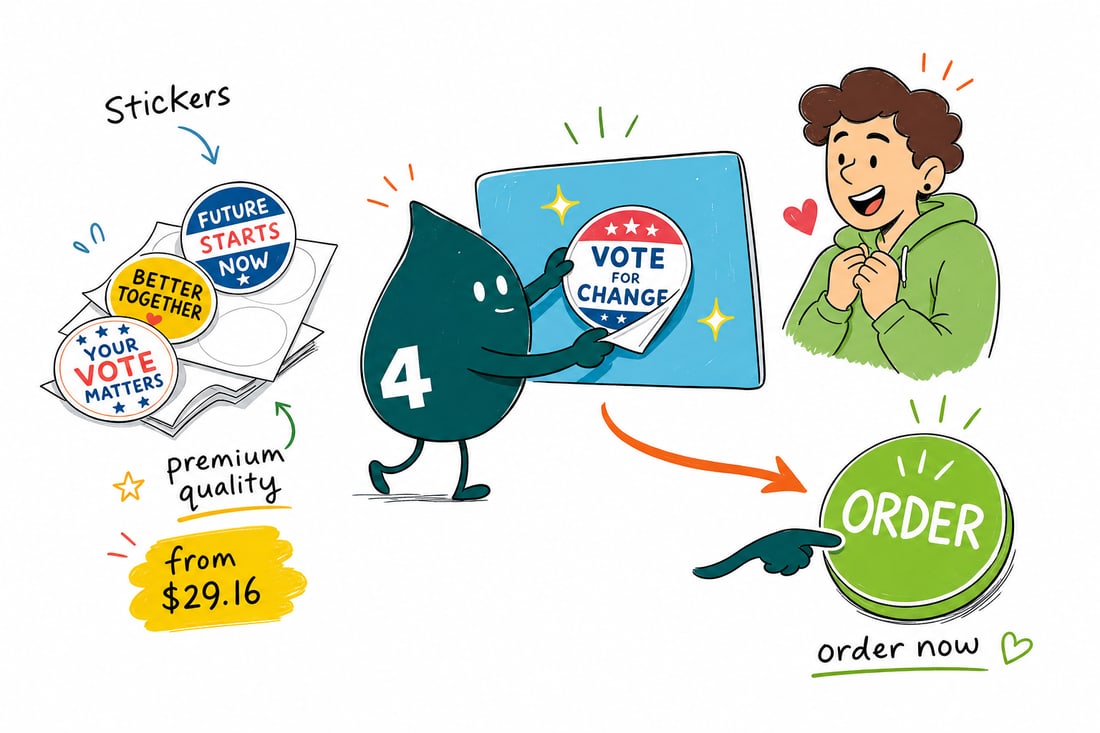 Wally the 4OVER4 mascot handing a full-color 3 by 5 inch campaign sticker priced at $29.16 across a canvassing table to a volunteer, teal hand-drawn line art.