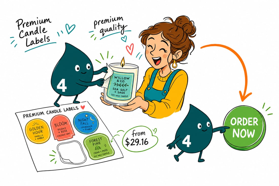 Wally the 4OVER4 mascot smoothing a printed premium candle label onto a glass candle jar, priced from $29.16, teal hand-drawn line art.
