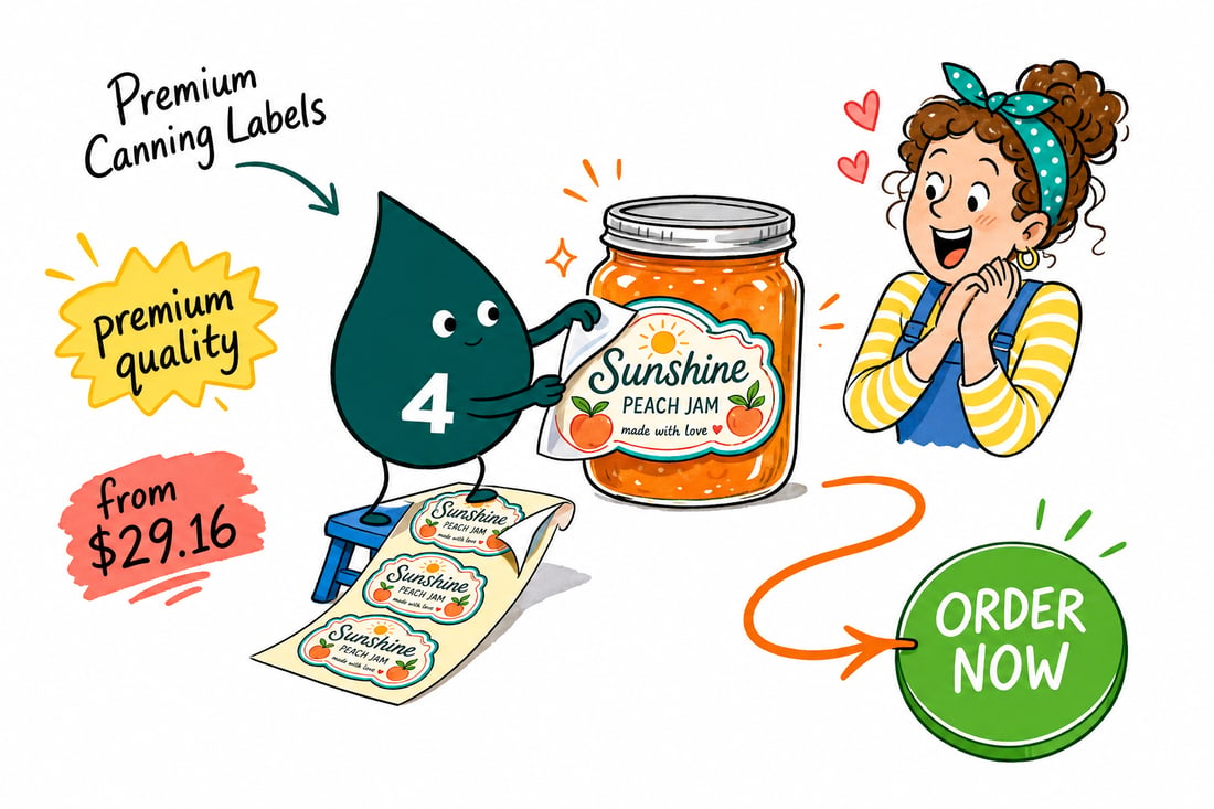 Wally the 4OVER4 mascot pressing a full-color premium canning label onto a mason jar of jam on a farmhouse counter, teal hand-drawn line art.