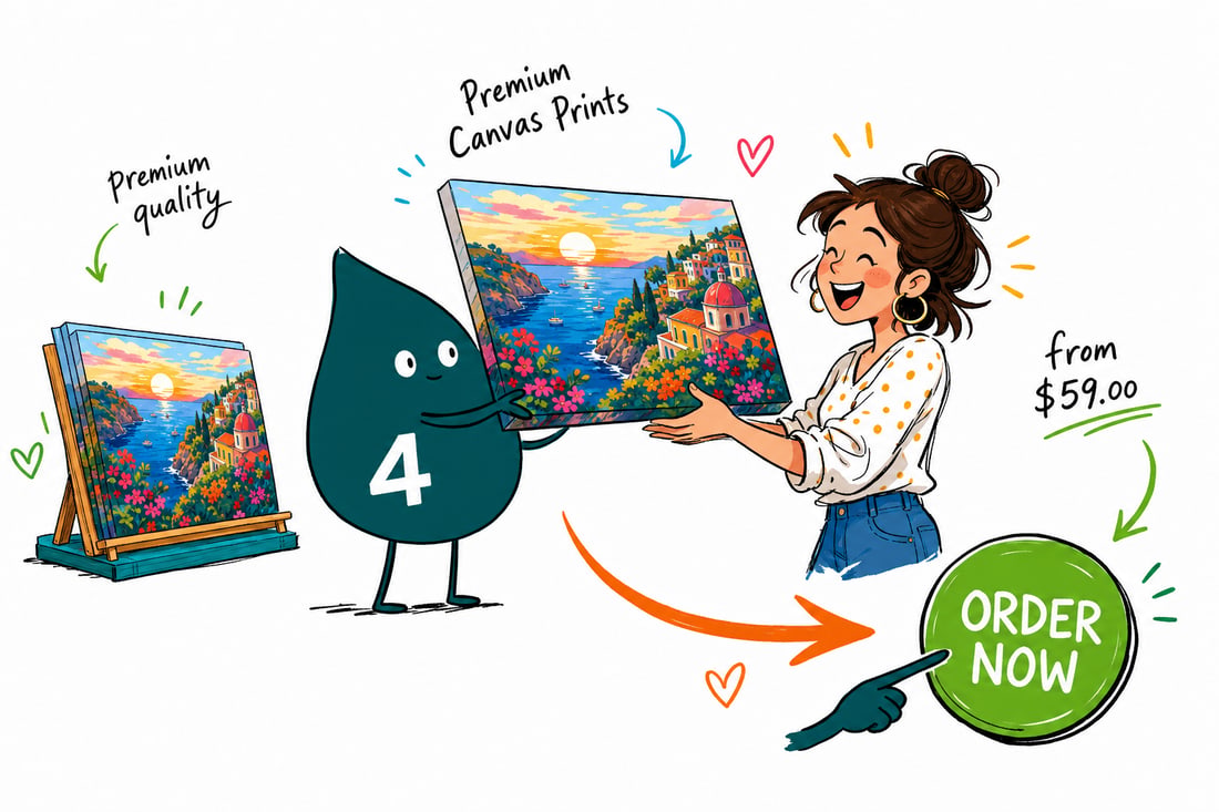 Wally the 4OVER4 mascot hanging a stretched premium canvas print, priced from $59, on a living-room wall, teal hand-drawn line art.
