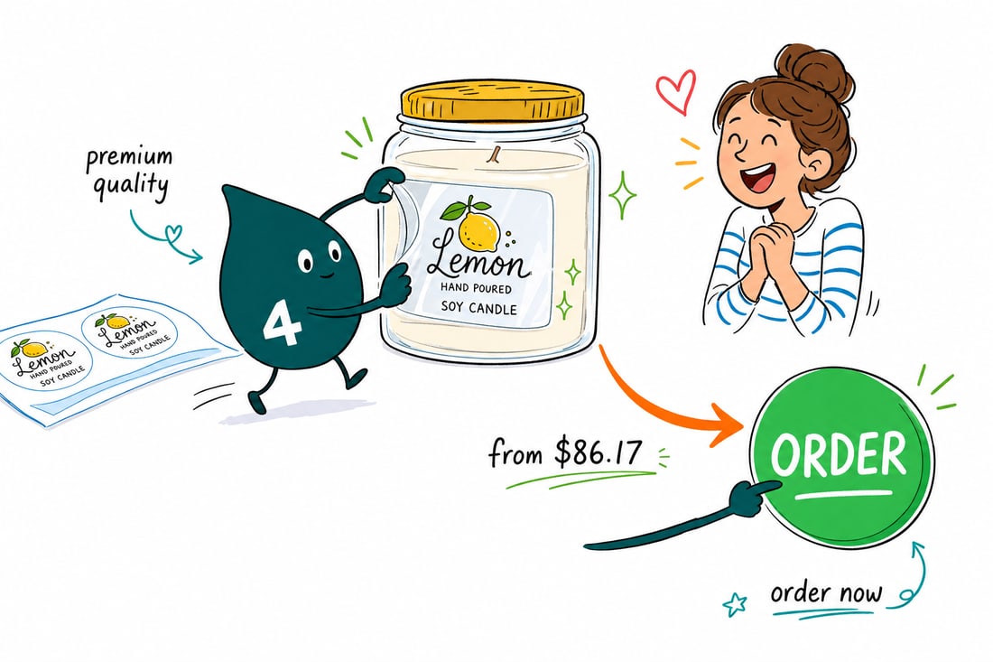 Wally the 4OVER4 mascot pressing a clear, see-through premium label onto a glass bottle for the no-label look, priced from $86.17, teal hand-drawn line art.