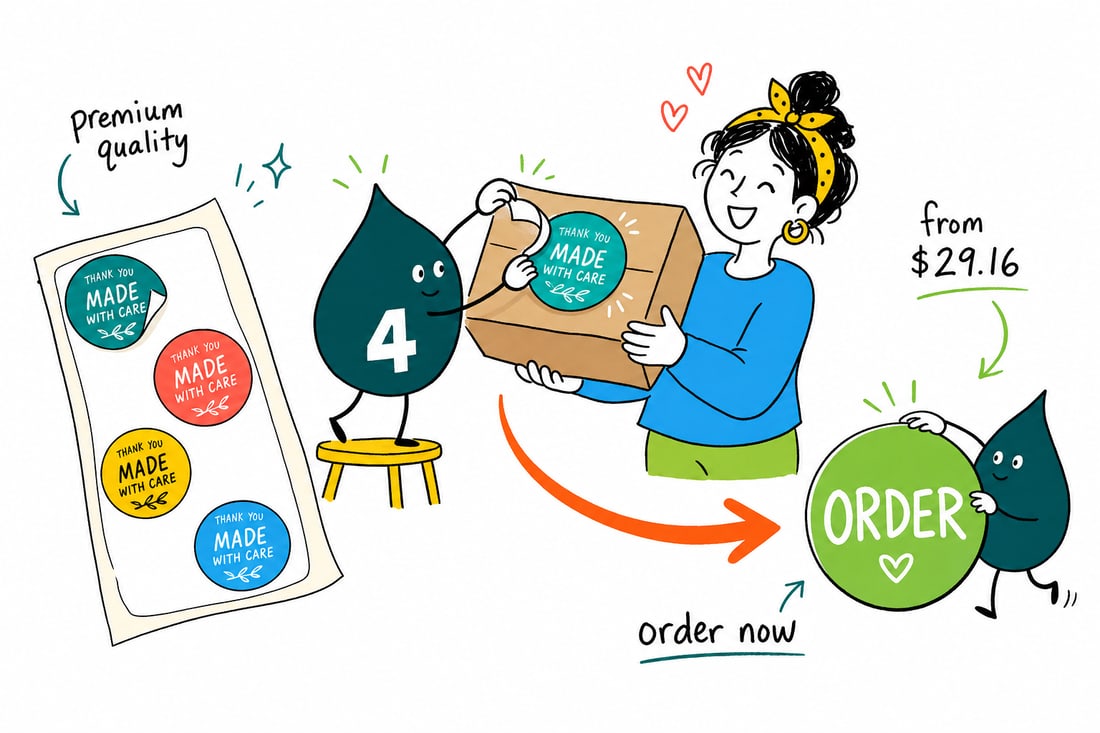 Wally the 4OVER4 mascot peeling a bright custom product label off its backing sheet and pressing it onto a bottle, teal hand-drawn line art.