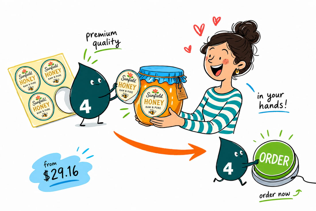 Wally the 4OVER4 mascot smoothing a premium food label onto a glass jar of sauce on a kitchen counter, teal hand-drawn line art.