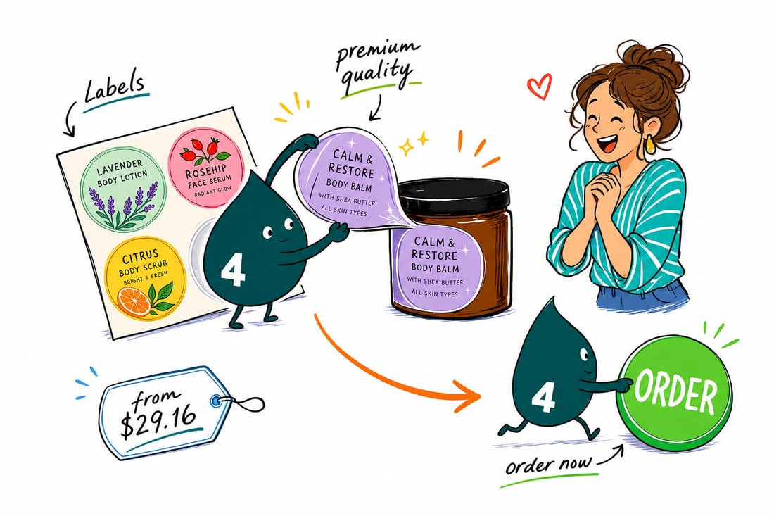 Wally the 4OVER4 mascot pressing a printed label onto a cosmetic serum bottle beside a cream jar and a soap bar, priced from $29.16, teal hand-drawn line art.