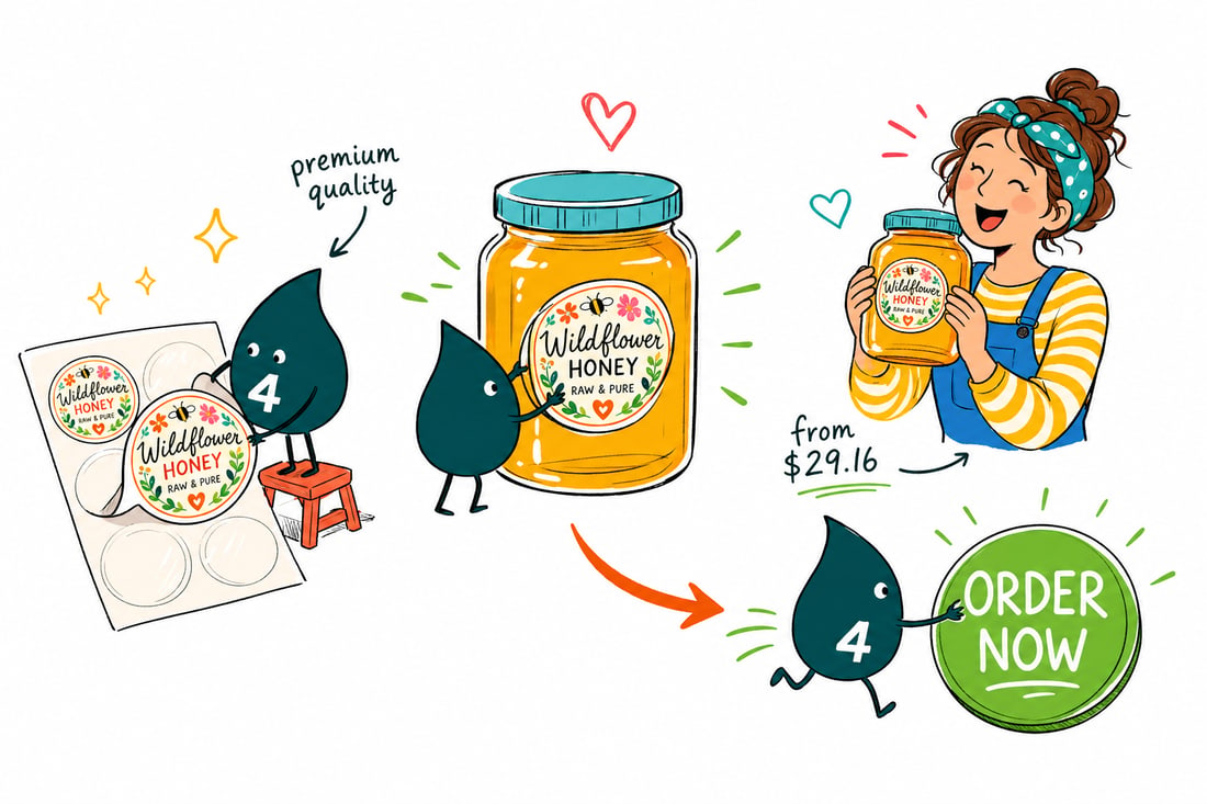 Wally the 4OVER4 mascot smoothing a printed premium jar label onto a glass jar, a set priced from $29.16, teal hand-drawn line art.