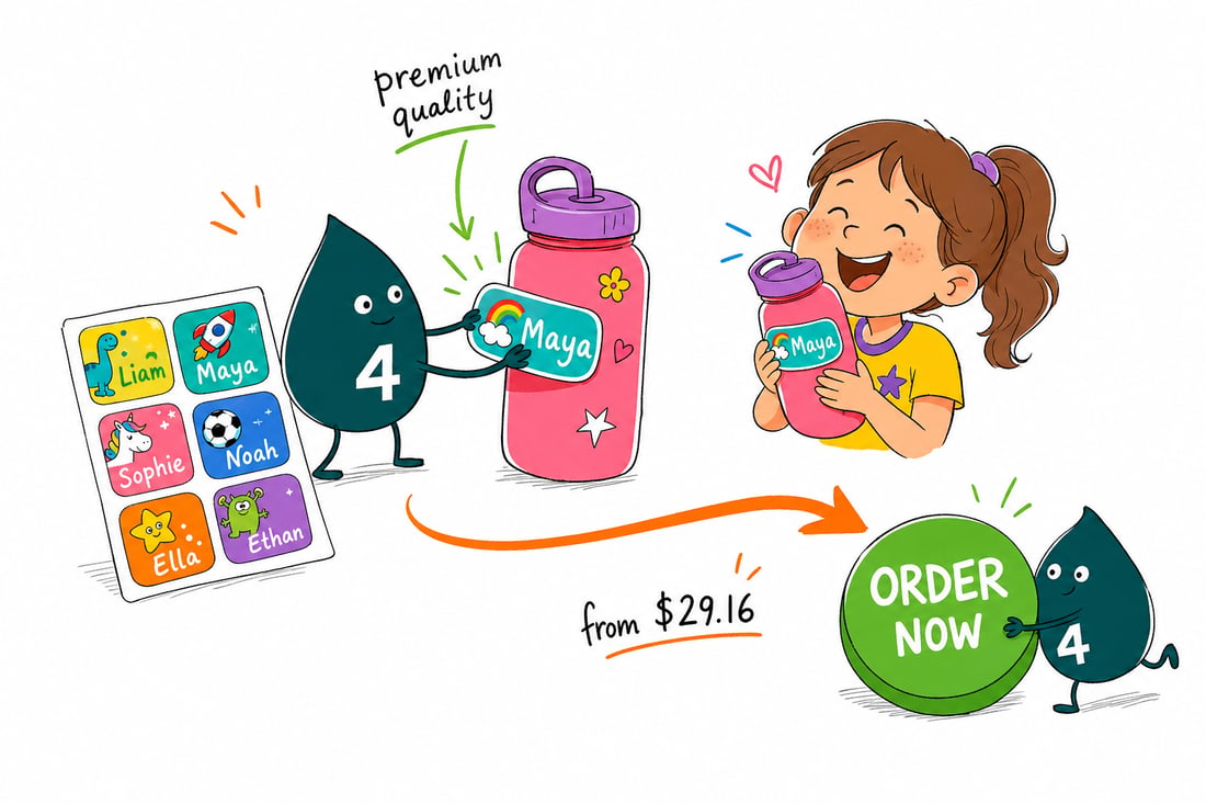 Wally the 4OVER4 mascot pressing a printed premium kids label onto a child's water bottle, teal hand-drawn line art.