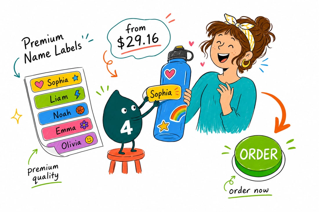 Wally the 4OVER4 mascot pressing a printed premium name label onto a storage bin, teal hand-drawn line art.