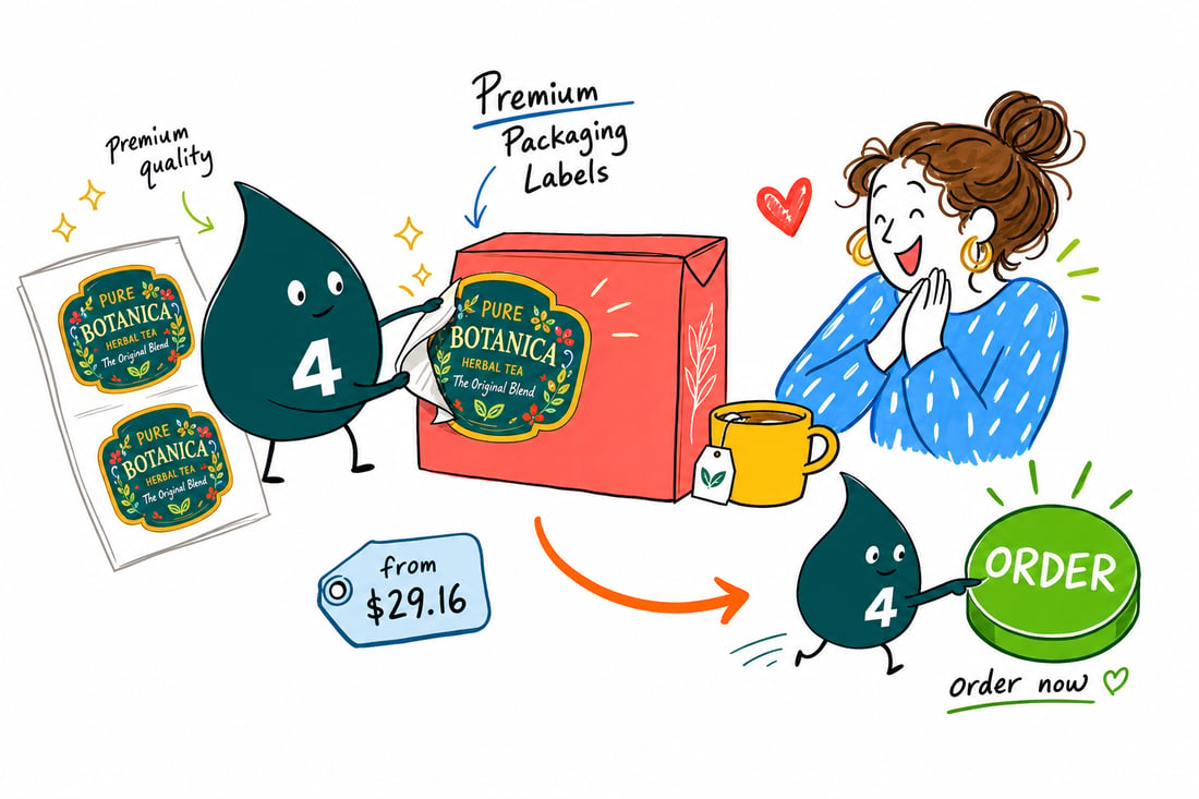 Wally the 4OVER4 mascot pressing a premium packaging label onto a shipping box, priced from $29.16, teal hand-drawn line art.