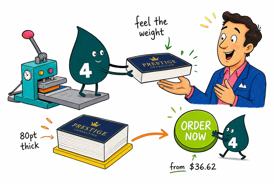 Wally the 4OVER4 mascot fanning out a stack of thick premium prestige business cards priced from $36.62 for 50, pressing one heavy 80pt card into a customer's hand across a counter, teal hand-drawn line art.