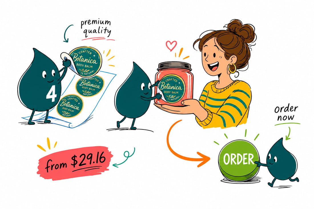 Wally the 4OVER4 mascot smoothing a full-color premium product label onto a glass jar, priced from $29.16, teal hand-drawn line art.