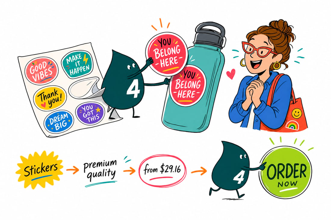 Wally the 4OVER4 mascot handing a bright custom event sticker priced from $29.16 across a trade-show table to a happy customer, teal hand-drawn line art.