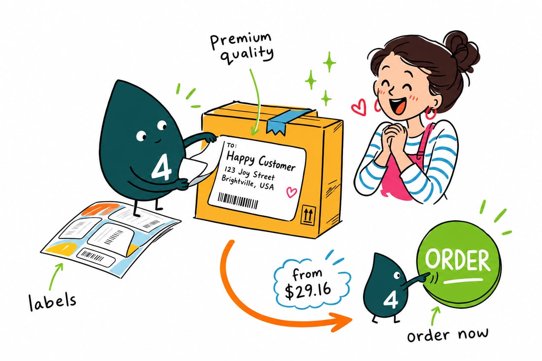 Wally the 4OVER4 mascot pressing a full-color premium shipping label, priced from $29.16, onto a parcel, teal hand-drawn line art.