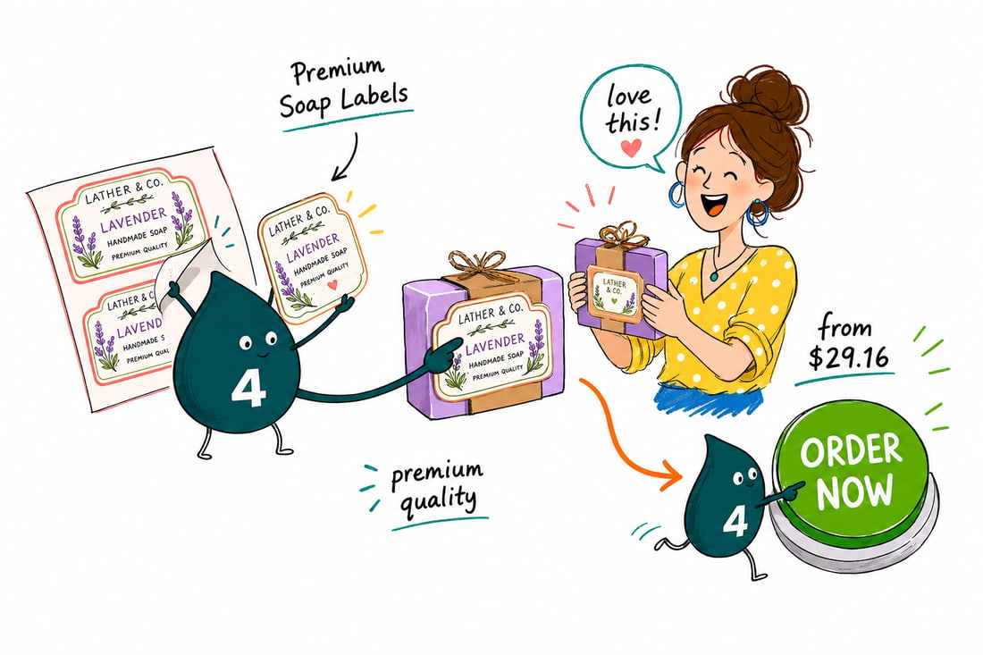 Wally the 4OVER4 mascot pressing a waterproof label onto a bar of soap beside a sink, priced from $29.16, teal hand-drawn line art.