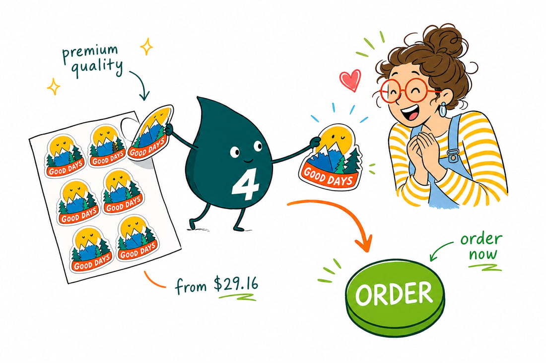 Wally the 4OVER4 mascot peeling a full-color premium sticker priced at $29.16 for 25 and pressing it onto a water bottle, teal hand-drawn line art.