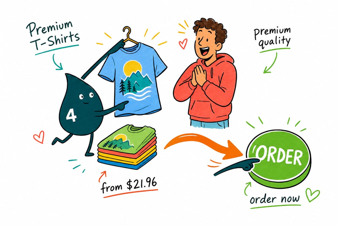 Wally the 4OVER4 mascot holding up a custom-printed premium t-shirt with a bold full-color design, priced from $21.96, teal hand-drawn line art.