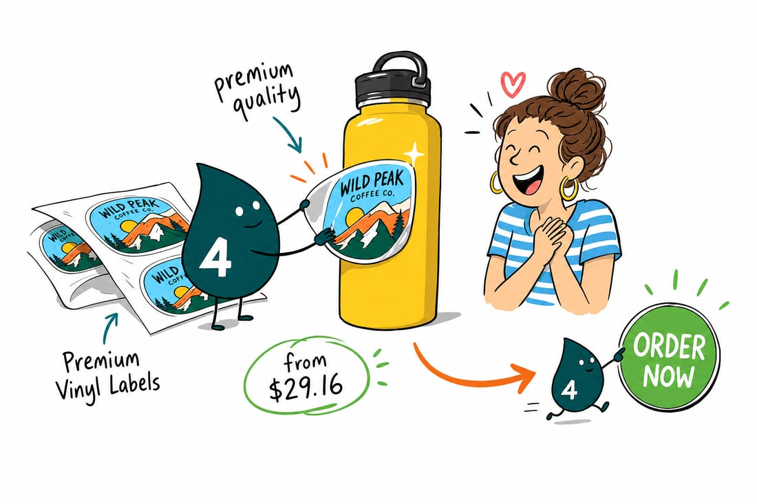 Wally the 4OVER4 mascot pressing a durable white vinyl label onto a water-splashed bottle, priced from $26.27, teal hand-drawn line art.