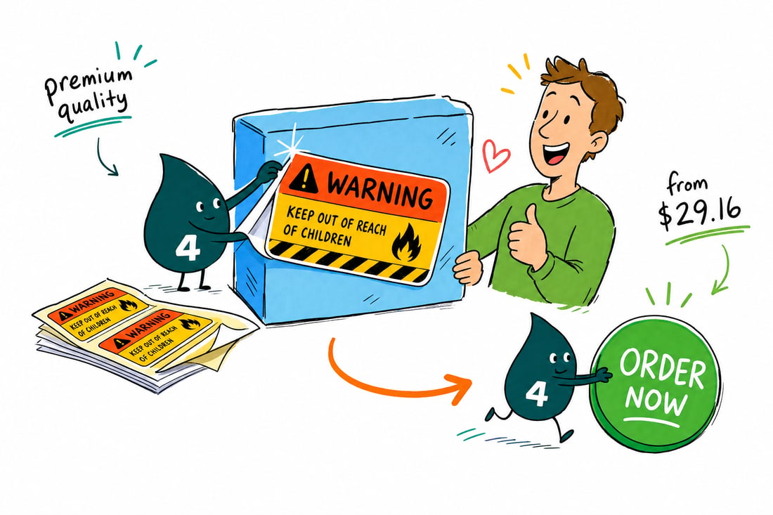 Wally the 4OVER4 mascot holding a bright fluorescent premium warning label that reads Caution, priced from $29.16, teal hand-drawn line art.