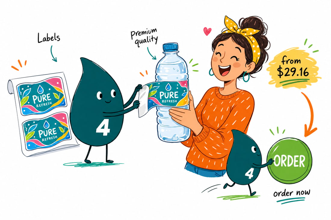 Wally the 4OVER4 mascot pressing a custom water bottle label, priced from $29.16, onto a chilled bottle for an event table, teal hand-drawn line art.