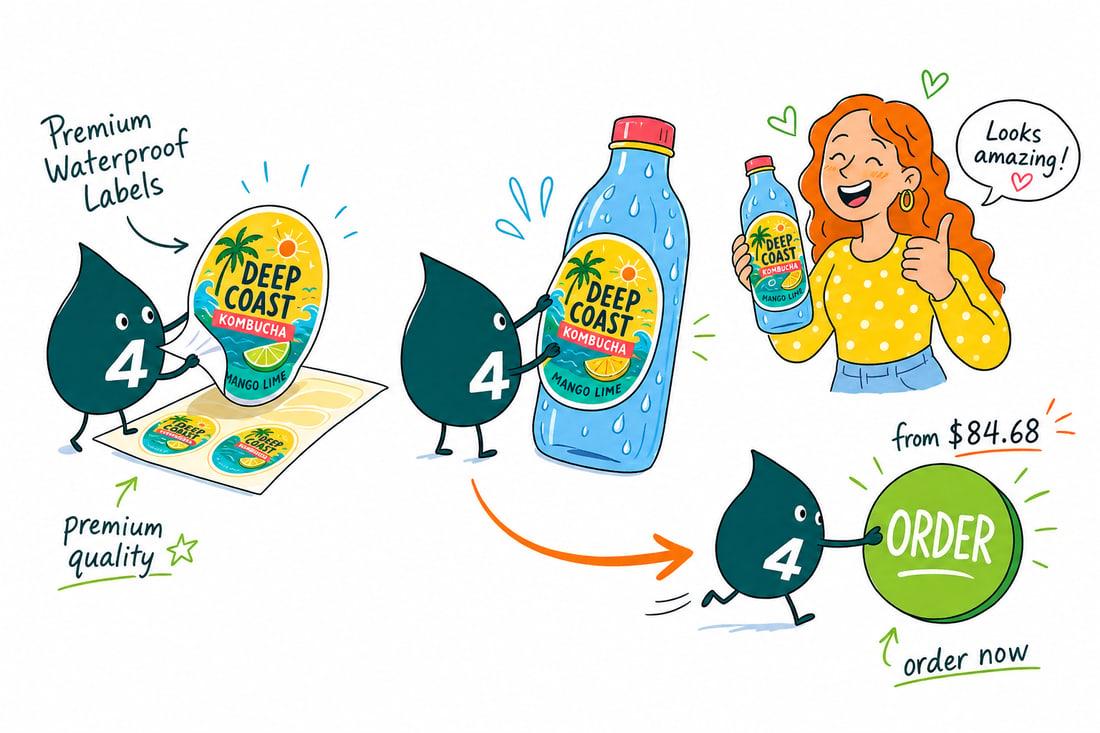 Wally the 4OVER4 mascot pressing a white waterproof vinyl label onto a chilled water bottle beaded with condensation, priced from $84.68, teal hand-drawn line art.