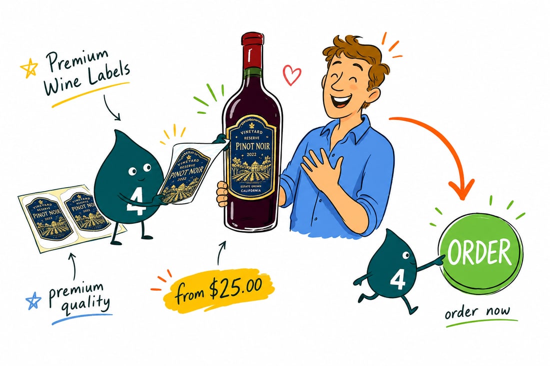 Wally the 4OVER4 mascot smoothing a printed premium wine label onto a wine bottle, priced from $25, teal hand-drawn line art.