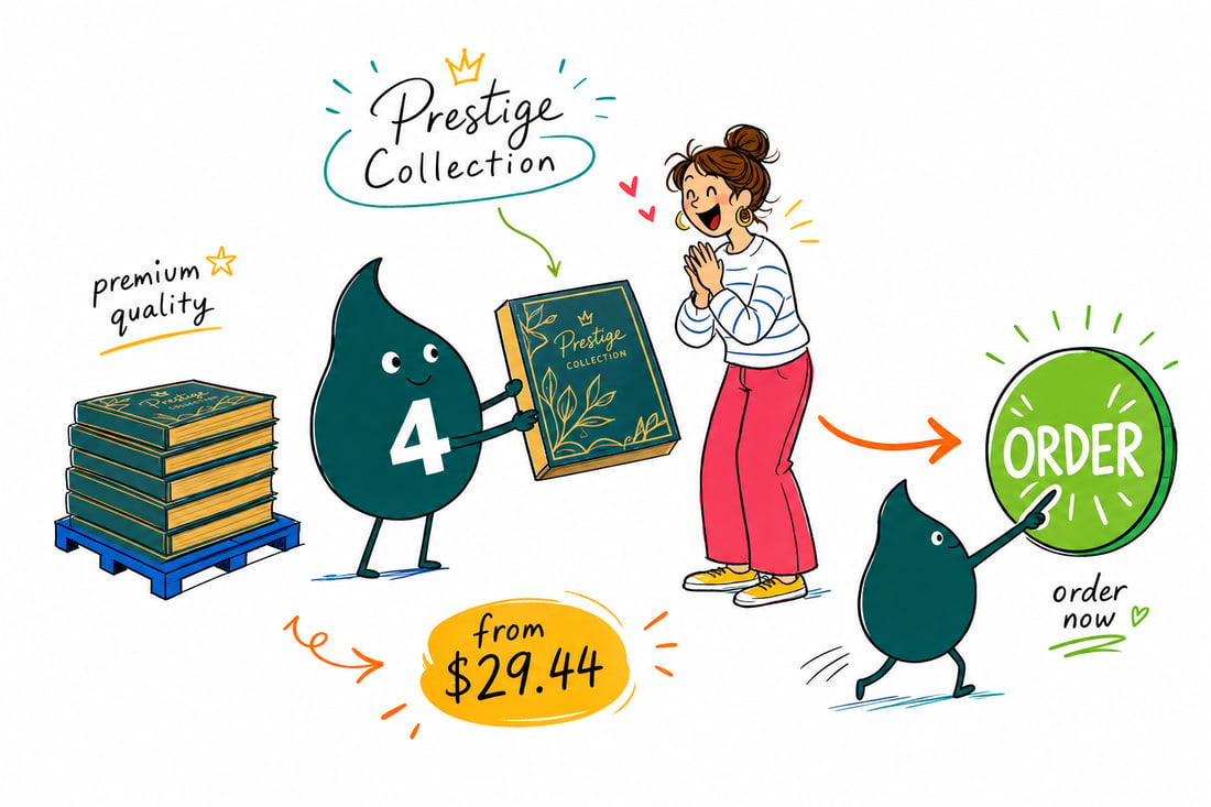 Wally the 4OVER4 mascot handing a thick 80pt Prestige Collection card, priced at $29.44 for 50, across a counter to an impressed customer, teal hand-drawn line art.