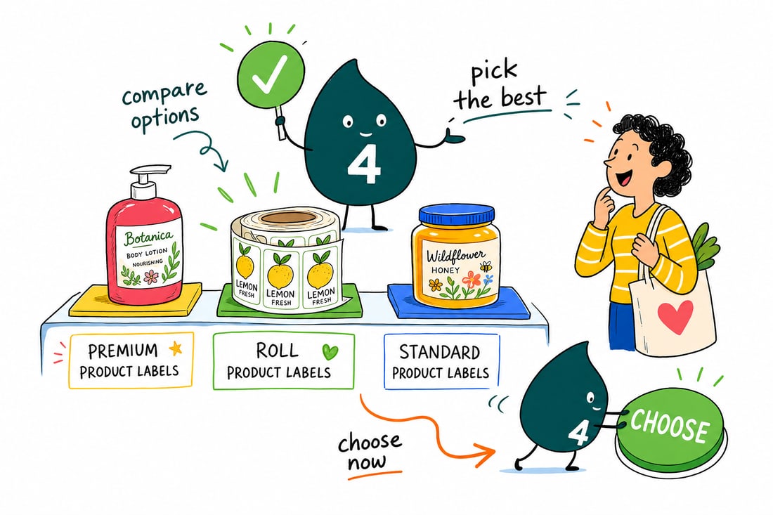 Wally compares Product Labels options side by side at 4OVER4.COM