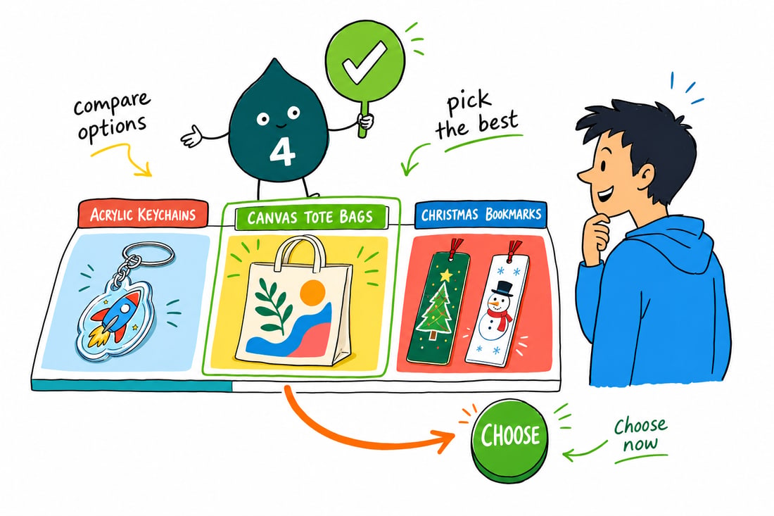 Wally compares Promotional Products options side by side at 4OVER4.COM