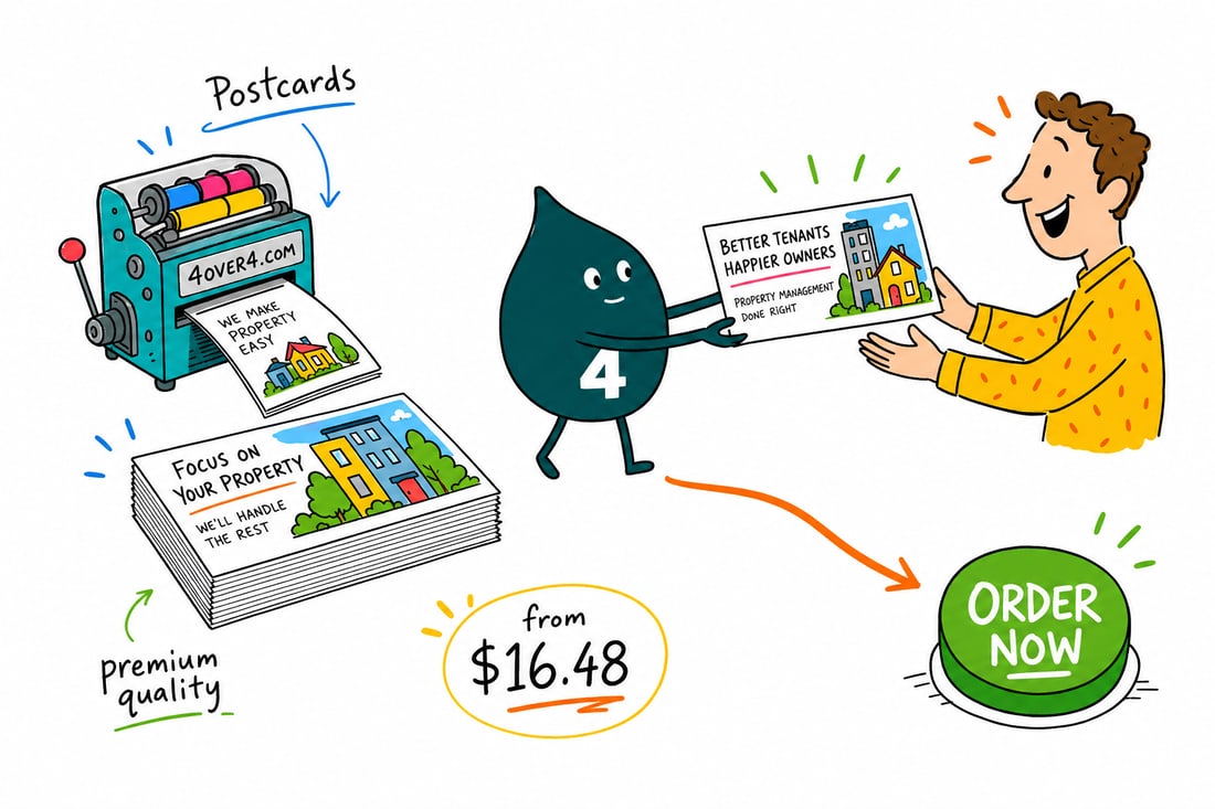 Wally the 4OVER4 mascot handing a property management postcard, priced at $16.48 for 50, to a smiling property manager outside an apartment building, teal hand-drawn line art.