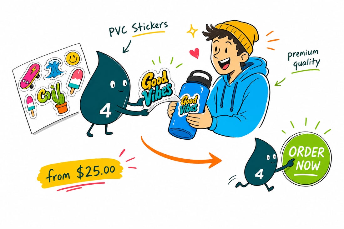 Wally the 4OVER4 mascot pressing a glossy PVC sticker onto a laptop lid, priced from $25, teal hand-drawn line art.