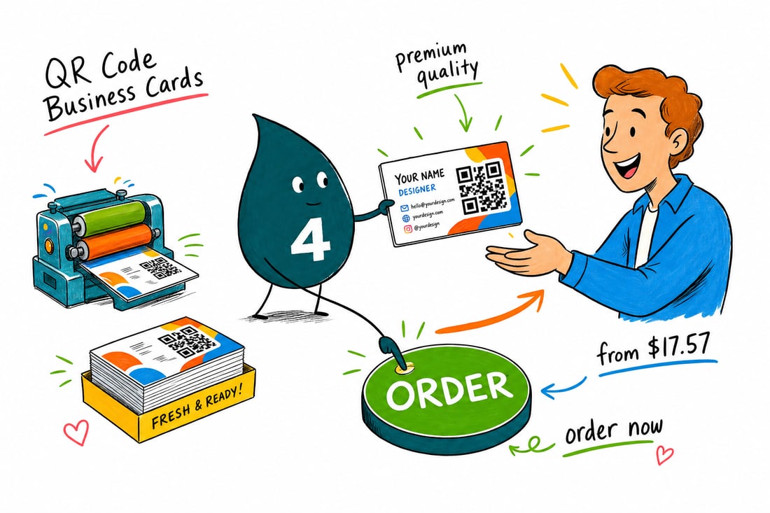 Wally the 4OVER4 mascot holding a QR code business card, priced at $17.57 for 100, while a phone scans the code, teal hand-drawn line art.