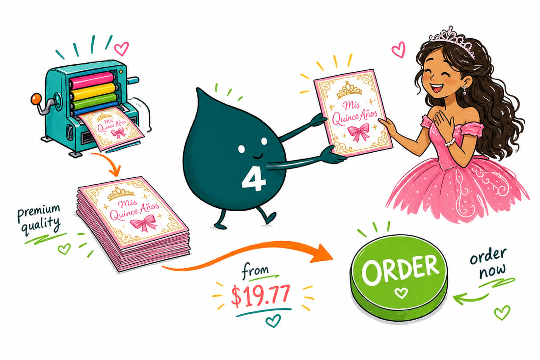 Wally the 4OVER4 mascot handing a quinceanera invitation card, priced at $19.77 for 25, with a matching white envelope, to a smiling girl in a quinceanera gown, teal hand-drawn line art.