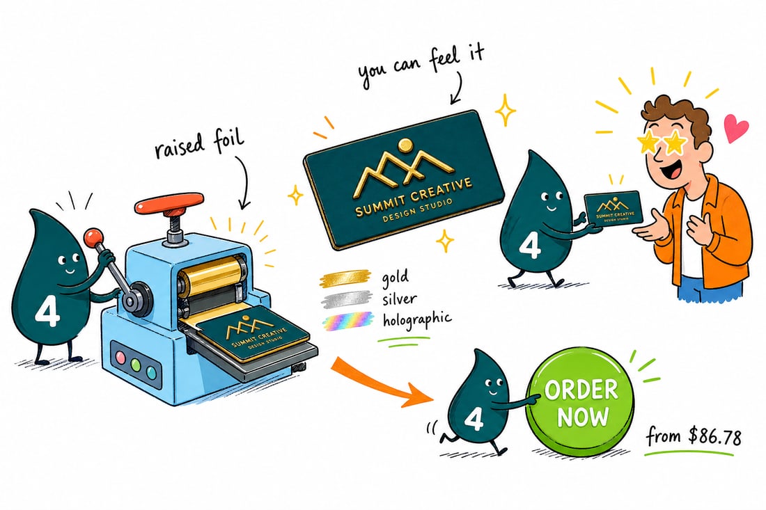 Wally the 4OVER4 mascot pressing raised gold foil onto a business card priced from $86.78 for 100 and handing the gleaming finished card to a delighted customer, teal hand-drawn line art.