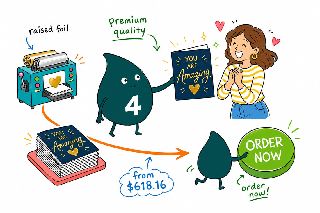 Wally the 4OVER4 mascot handing over a folded greeting card with a raised gold foil accent shining on a soft-touch velvet front, priced from $618.16 for 100, teal hand-drawn line art.