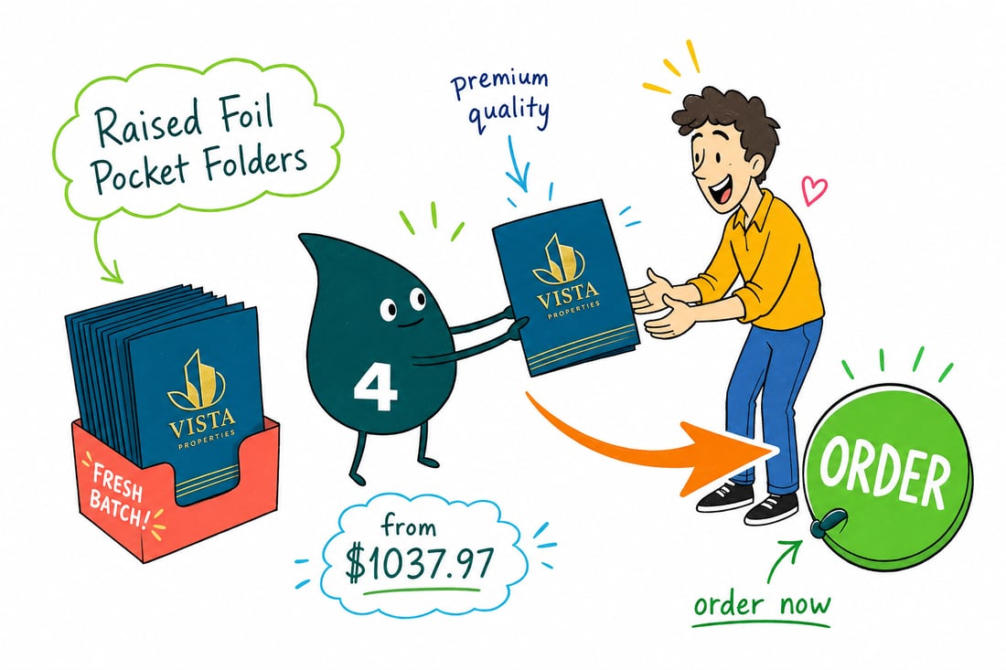 Wally the 4OVER4 mascot holding a 9 by 12 inch pocket folder with raised gold foil lettering catching the light, teal hand-drawn line art.