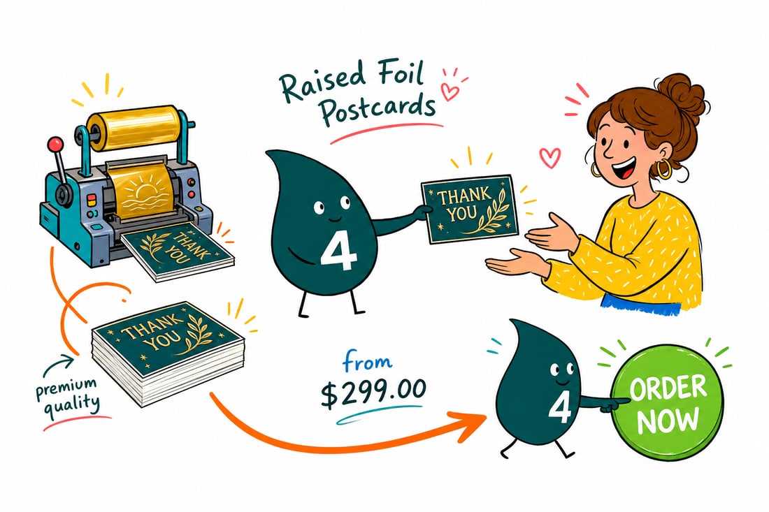 Wally the 4OVER4 mascot handing a raised gold-foil postcard, priced at $299 for 100, across a counter to a happy customer, teal hand-drawn line art.