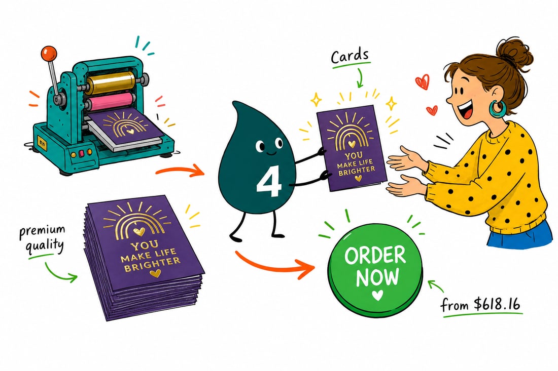 Wally the 4OVER4 mascot holding a folded suede greeting card with raised gold foil on the front, priced from $618.16 for 100, teal hand-drawn line art.
