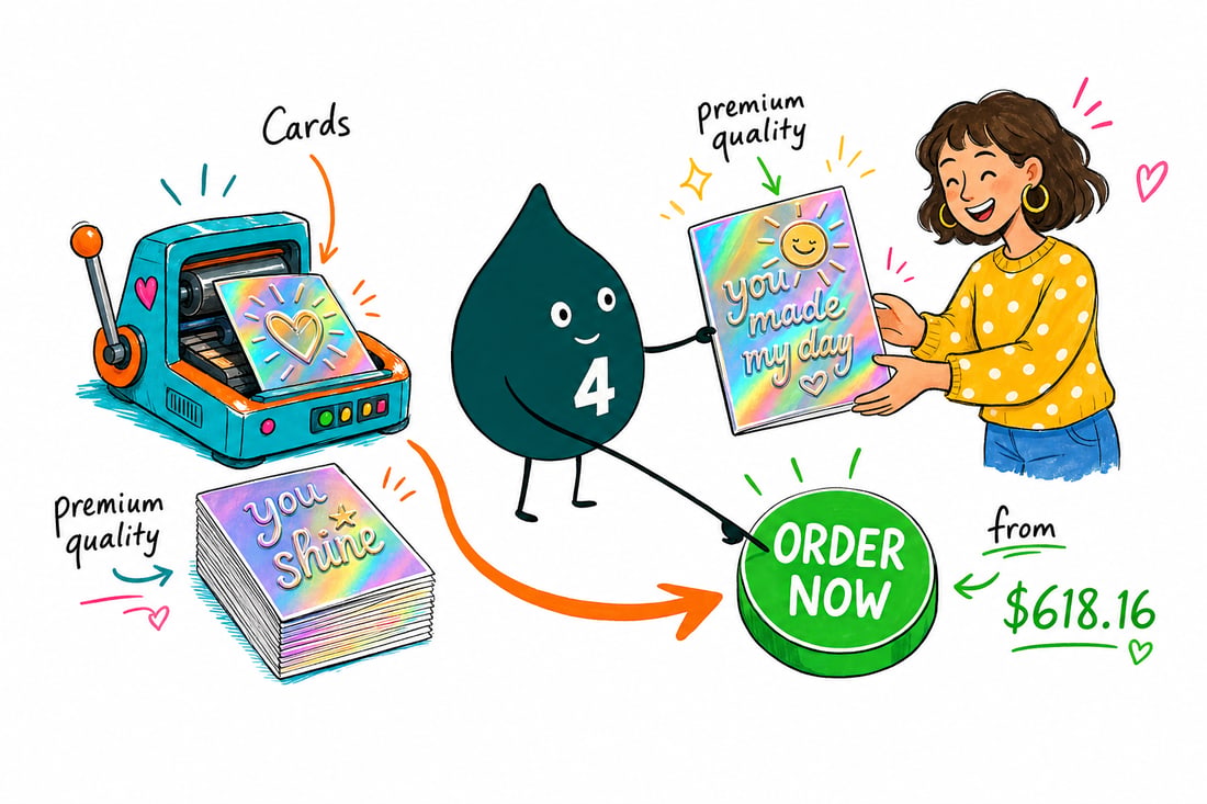 Wally the 4OVER4 mascot holding a folded greeting card with shimmering raised holographic foil across the front, priced at $618.16 for 100, teal hand-drawn line art.