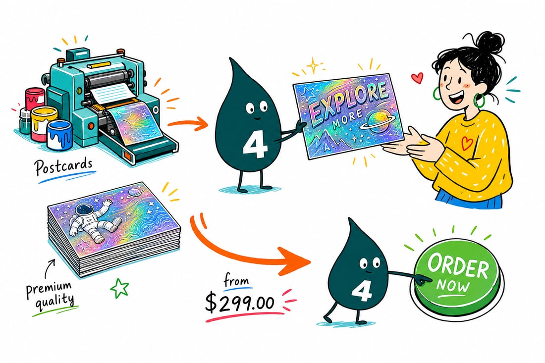 Wally the 4OVER4 mascot holding up a raised holographic postcard that catches rainbow light, priced at $299 for 100, teal hand-drawn line art.