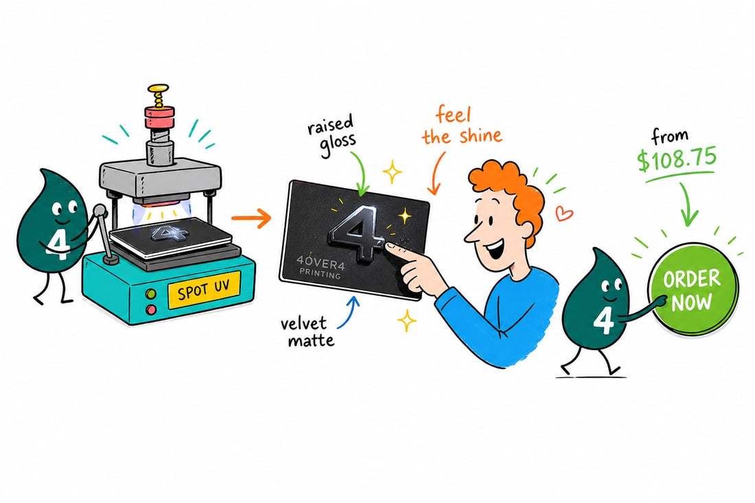 Wally the 4OVER4 mascot pressing a raised glossy coating onto a velvet business card priced from $108.75 for 100, handing the finished card to a smiling customer, teal hand-drawn line art.