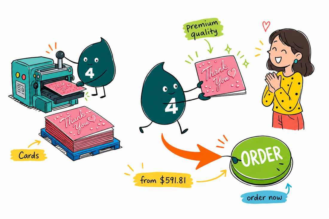 Wally the 4OVER4 mascot holding a folded greeting card with glossy raised shapes standing off a soft matte surface, priced at $591.81 for 100, teal hand-drawn line art.