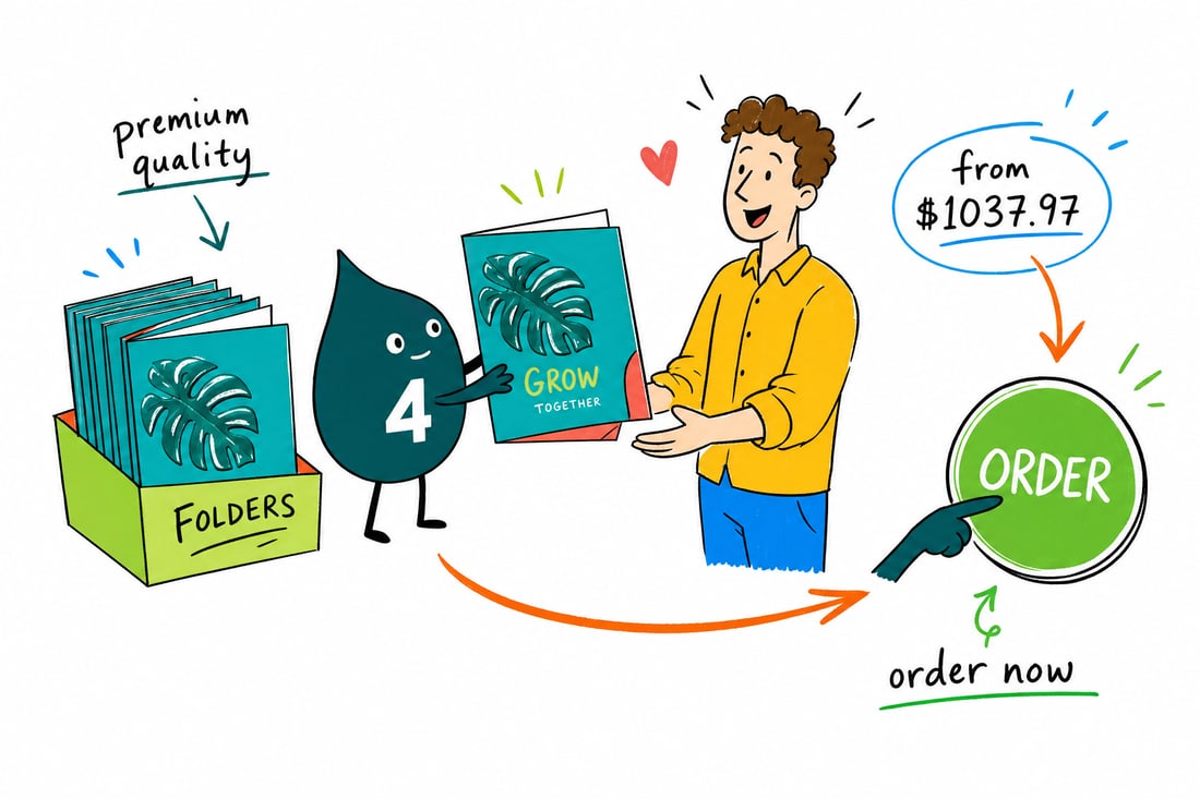 Wally the 4OVER4 mascot holding a 9 by 12 inch pocket folder with a raised, glossy spot UV logo catching the light, teal hand-drawn line art.